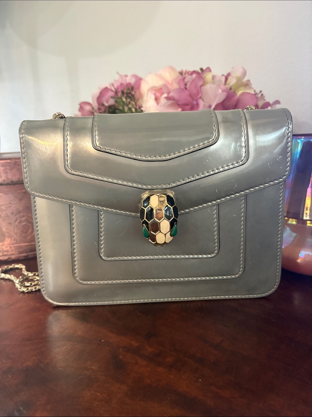 Bulgari Grey Crossbody Bag with Serpent Enamel Clasp